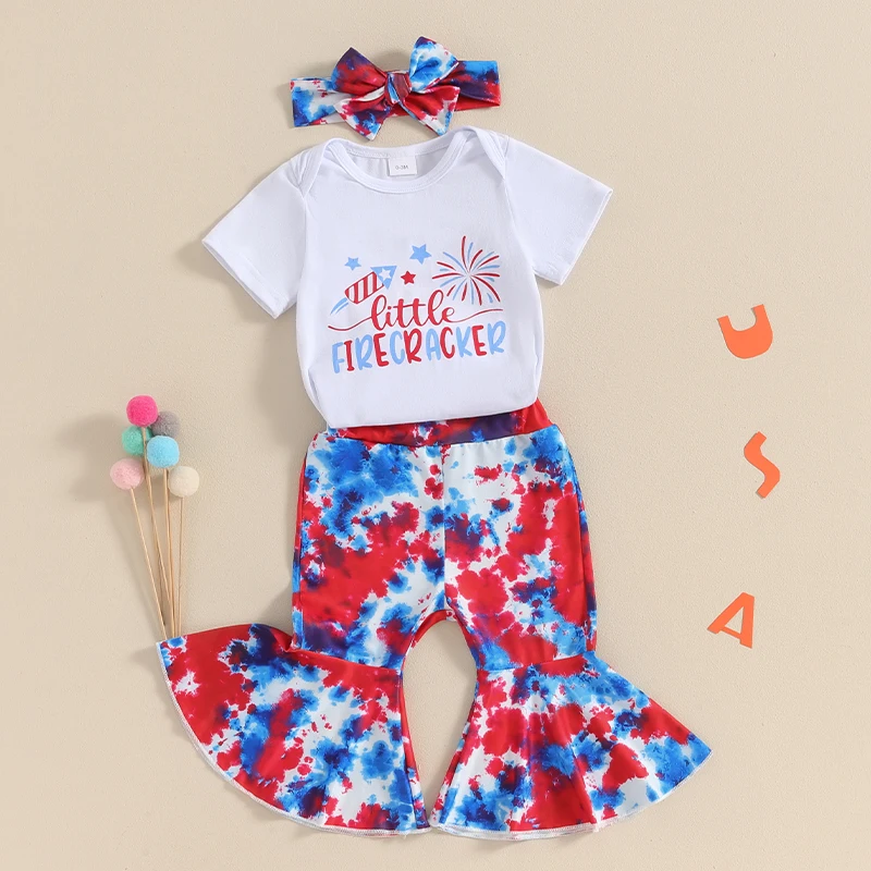 

4th Of July Baby Girl Clothes USA T-Shirt Romper Stars Stripes Flare Pants Infant Patriotic Outfits Set