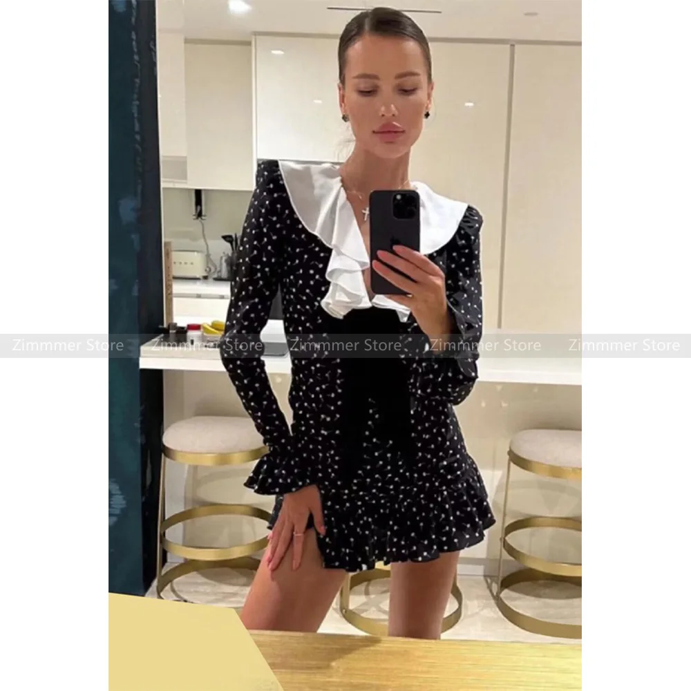 French vintage ruffled lapel colour blocking polka dot print bow flared sleeve slim dress women
French vintage ruffled lapel colour blocking polka dot print bow flared sleeve slim dress women