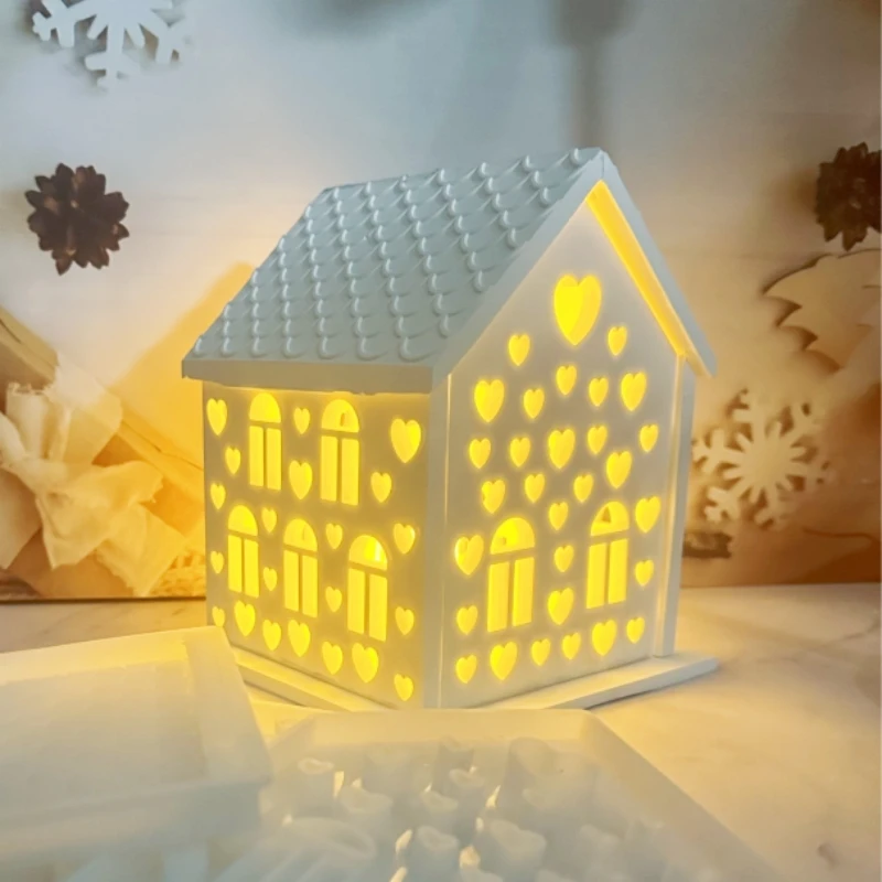 

Light House with Roof Silicone Mold Tealight Buildable House Raysin Molds Hollow Heart House Building Decor Concrete Casting