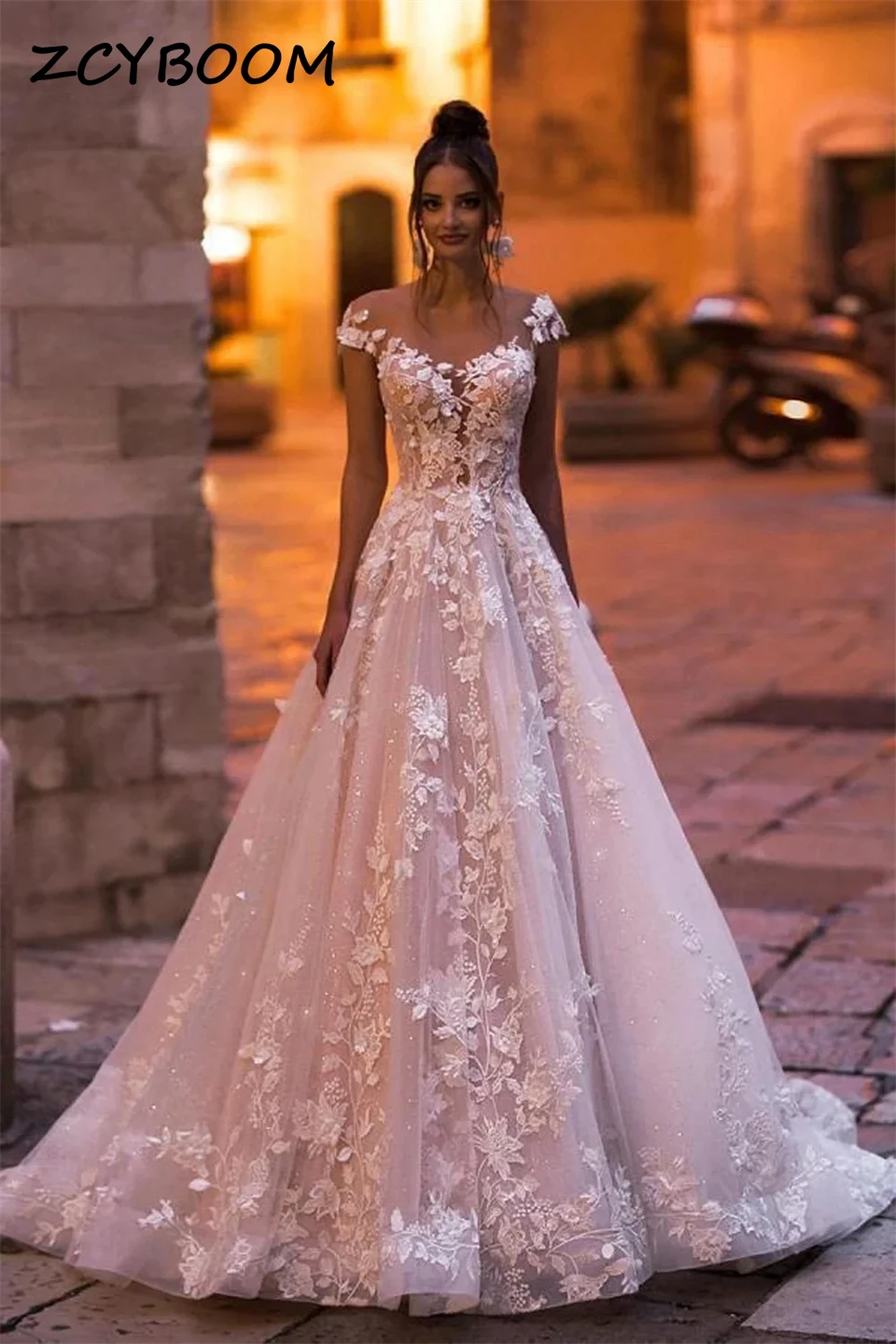 

Charming Tulle Appliques Cap Sleeves Backless A-line Wedding Dresses For Women 2024 Court Train Bridal Gowns Vestidos De Novia