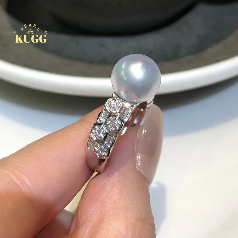 

KUGG PEARL18K White Gold Rings 10-11mm Real Natural Australian White Pearl Ring for Women Fashion Elegant Style High Jewelry