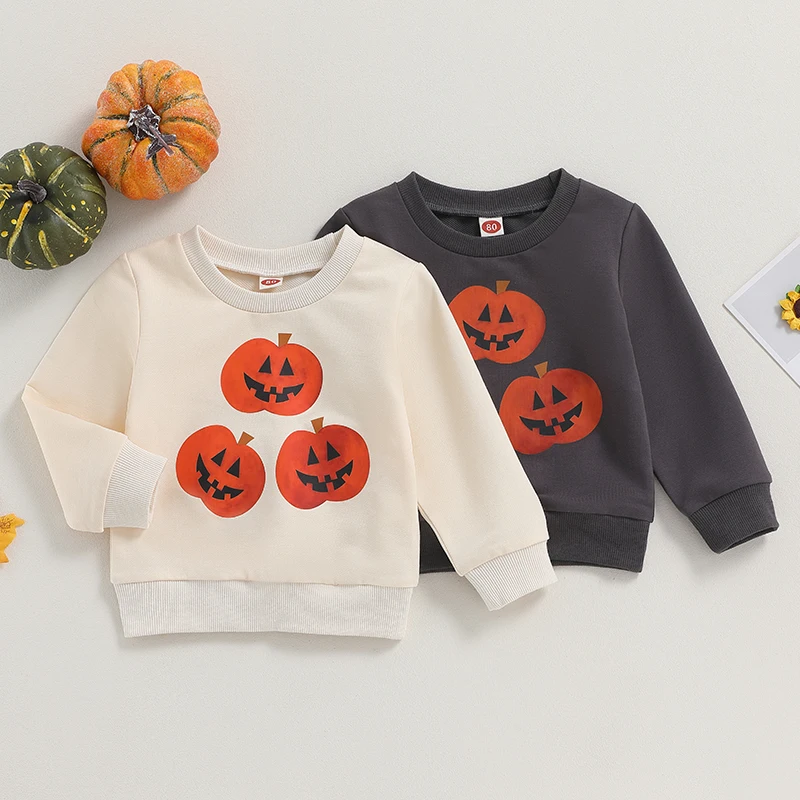 

2023-07-04 Lioraitiin 0-4Years Toddler Baby Boy Girl Halloween Sweatshirt Long Sleeve Cartoon Pumpkin Print Pullover Loose Tops