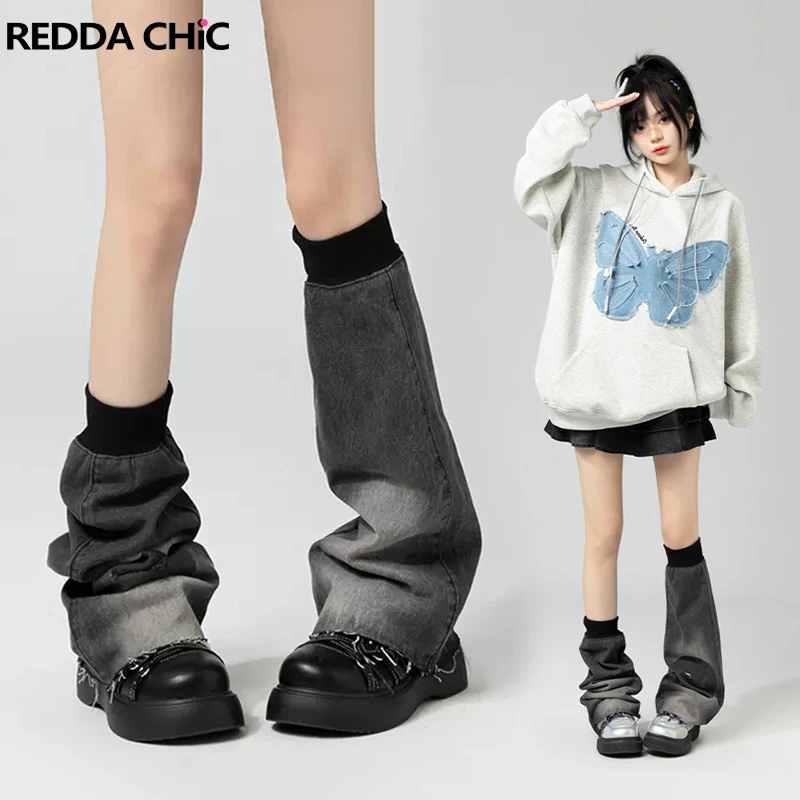 

REDDACHiC Y2K Women Leg Warmers with Elastic Band Retro Gray Denim Gaiter Acubi Fashion Girl Cuffs Boots Cover Knee-socks Long