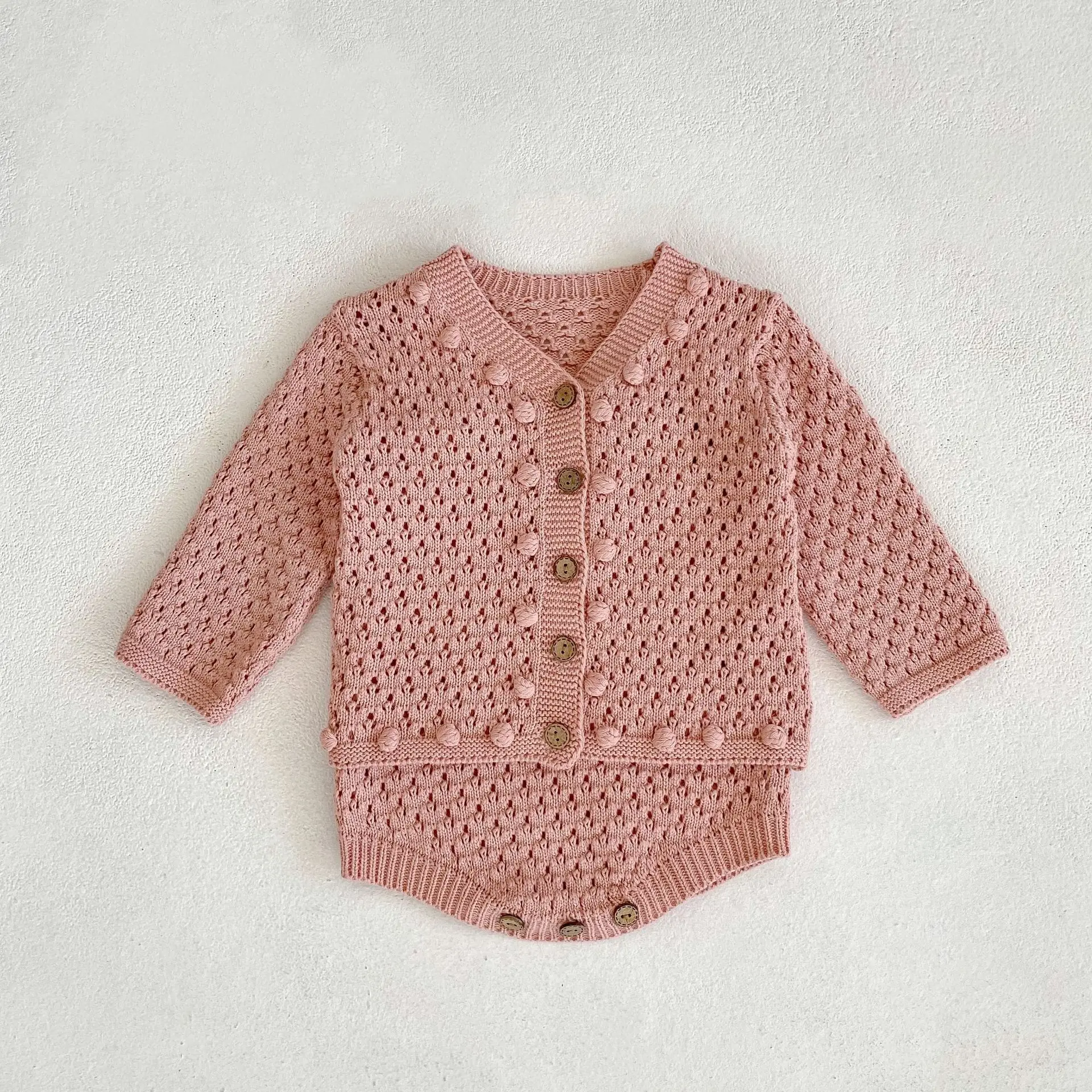 

Angoubebe 555S145 2023 New Arriavl Infants Baby Girls Romper Combo Knit Wool Balls Cardigan In Sets