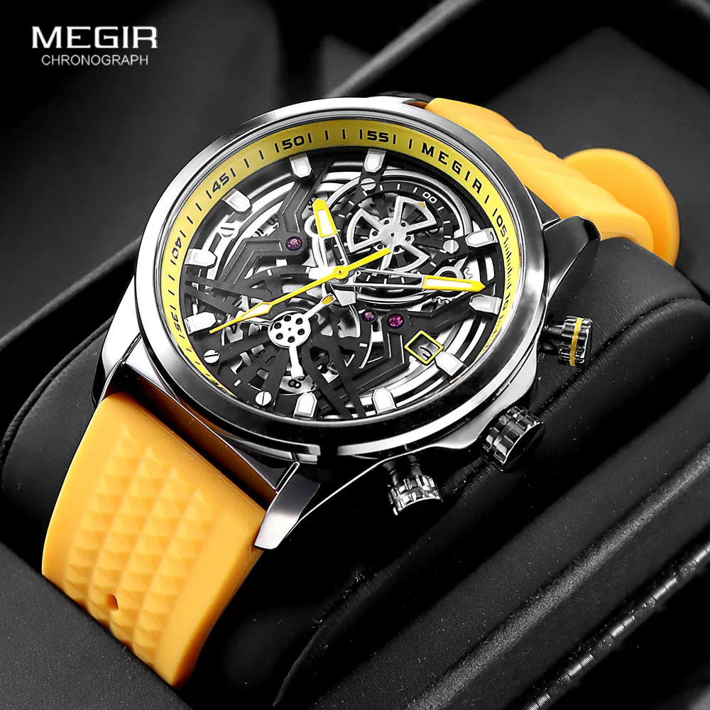 

MEGIR Chronograph Quartz Watch Men Fashion Waterproof Yellow Silicone Strap Sport Wristwatch with Luminous Hands Auto Date 2235