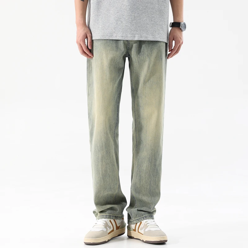 

2024 Spring and Summer All-Match Yellow Mud Dyed Washed Worn Jeans Men's Korean Fashion Stretch Retro Straight Tall Trousers