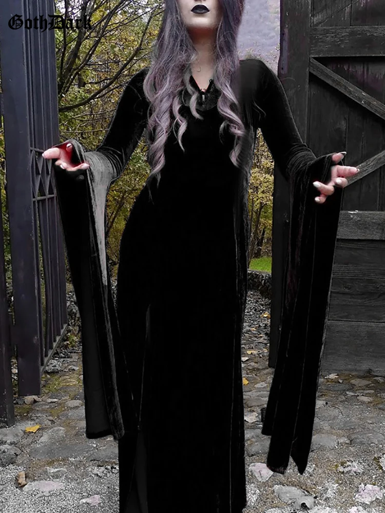 

Goth Dark Velvet Vampire Witch Mall Gothic Long Dresses Vintage Elegant Grunge Lace Patch Dress Flare Sleeve Halloween Partywear