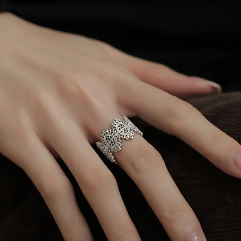 

925 Sterling Silver Lace Hollowed Out Ring for Women Girl Vintage Palace Style Flower Adjustable Irregular Jewelry Dropshipping