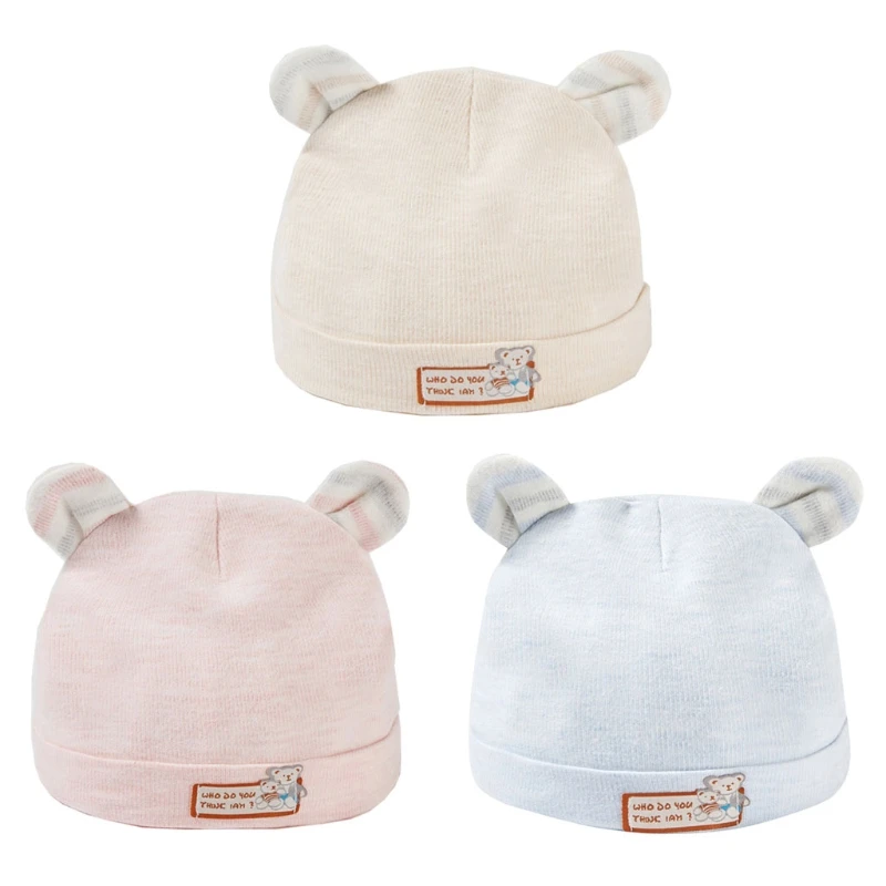 

77HD Infant Baby Bear Ears Hat Solid Color Bonnet Hospital Hat Soft Cotton Beanie Cap Headwear Gifts 0-6 Months