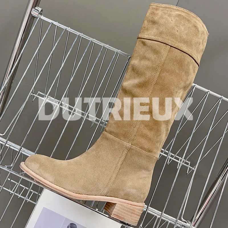 

Ladies Long Boots Spring Autumn 2023 New Cow Suede Upper Solid Color Round Head Long Boots Simplicity Versatile Female Shoes