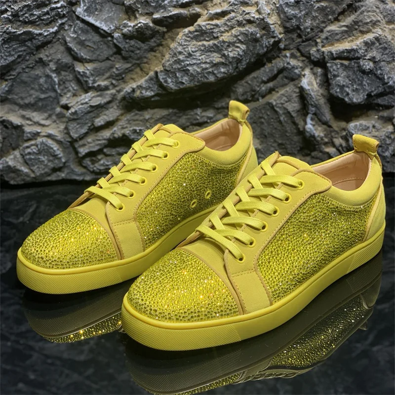 Luxury Designer All Yellow Rhinestones Red Bottoms Low Top Shoes For Men's Casual Flats Loafers Women's Diamond Crystal Sneakers
Luxury Designer All Yellow Rhinestones Red Bottoms Low Top Shoes For Men's Casual Flats Loafers Women's Diamond Crystal Sneakers