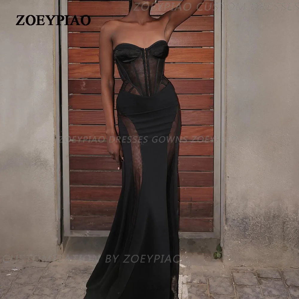 

Black Sexy Illusion A-line Cocktail Dress Draped Sweetheart Long Evening Prom Gowns Floor Length Gorgeous Custom Made Outfit