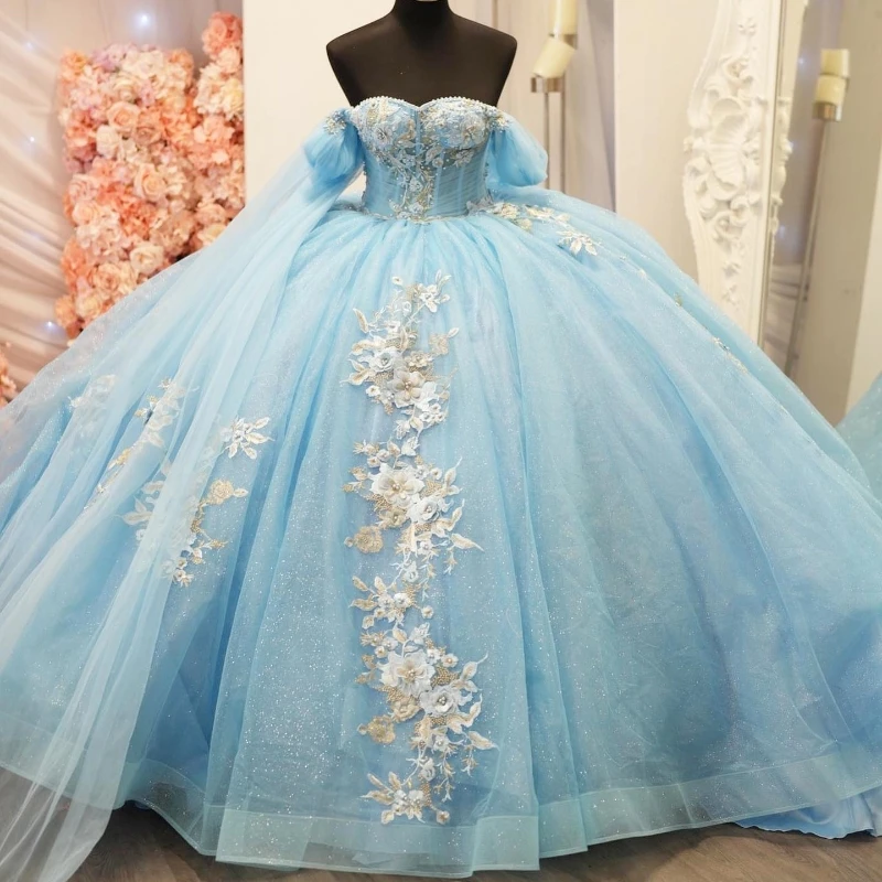 

Sky Blue Shiny Quinceanrea Dresses Sweetheart XV Applique Flower Beads Sweet 16 Princess Vestido De 15 Quinceañera 2024