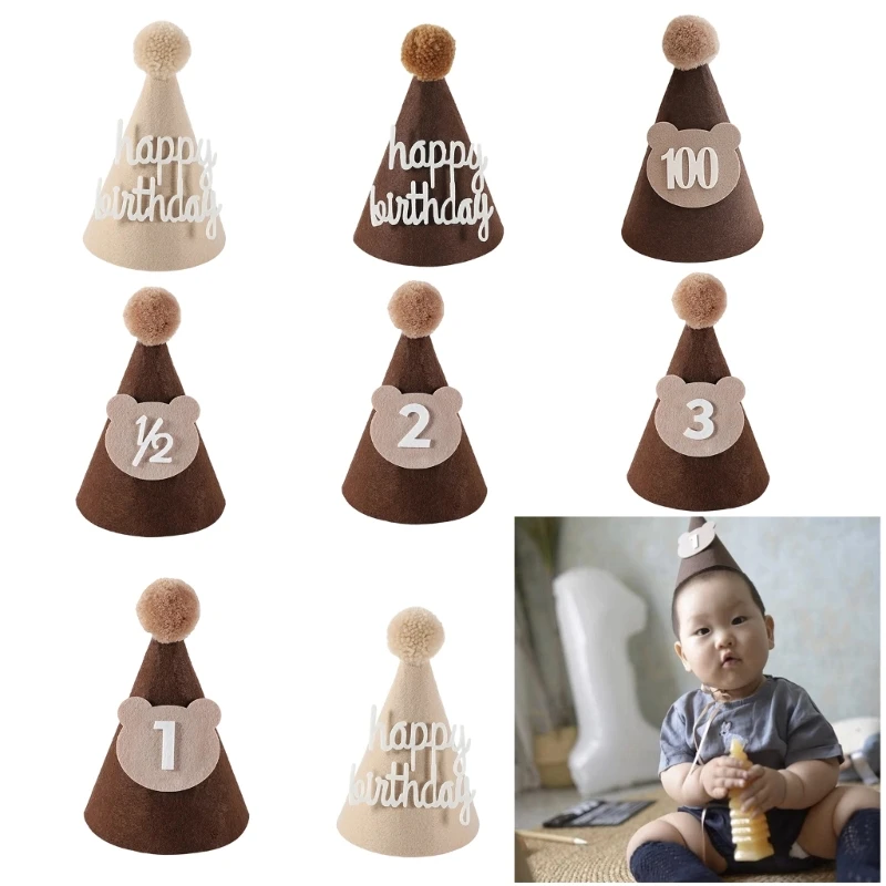

Brown Coffee Bear Baby Birthday Hat Shower Party Decoration Pom Pom Peaked Cap Adjustable Size for 1st 2nd 3rd Years Old