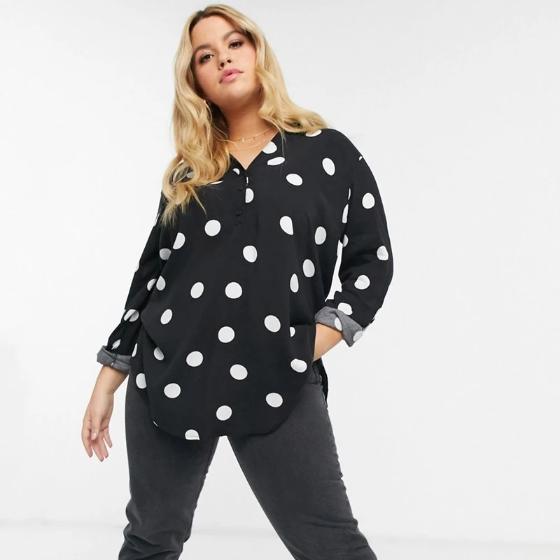 

Plus Size Half Button Placket Summer Spring Polka Dot Blouse Women Roll Sleeve Casual Top Female Large Size Loose Shirt 6XL 7XL