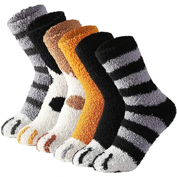 3pairs Cute Cat Paw Socks Women Winter Stretch Contrast Color Coral Fleece Thicken Cartoon Sleep Sock Fuzzy Cozy Plush Warm Sox