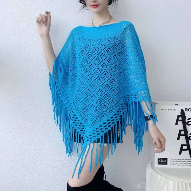 

Spring Autumn New Pullover Cape Women Hollow flower Knitting Poncho Capes Batwing Sleeves Shawls Sunscreen Solid Cloak Blue