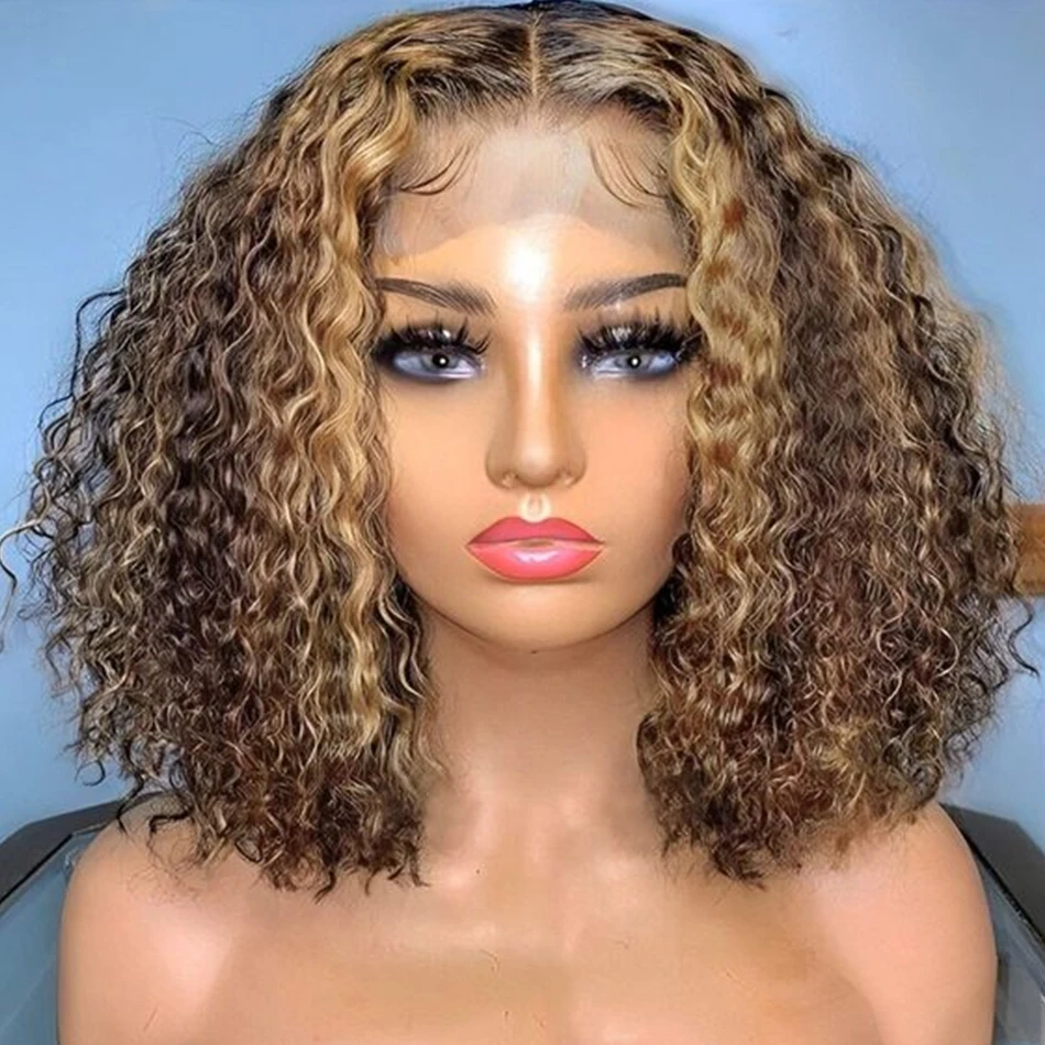 

Short Curly Bob Wig Highlight 13x4 Lace Front Human Hair Wigs For Women Ombre Color Brazilian Deep Wave Lace Closure Frontal Wig