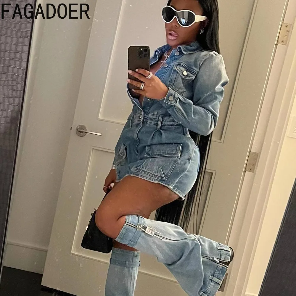 FAGADOER Fashion Button Long Sleeve Denim Mini Dress Women Turndown Collar Pocket with Leg Cover Clothing Female Cowboy Vestidos
FAGADOER Fashion Button Long Sleeve Denim Mini Dress Women Turndown Collar Pocket with Leg Cover Clothing Female Cowboy Vestidos