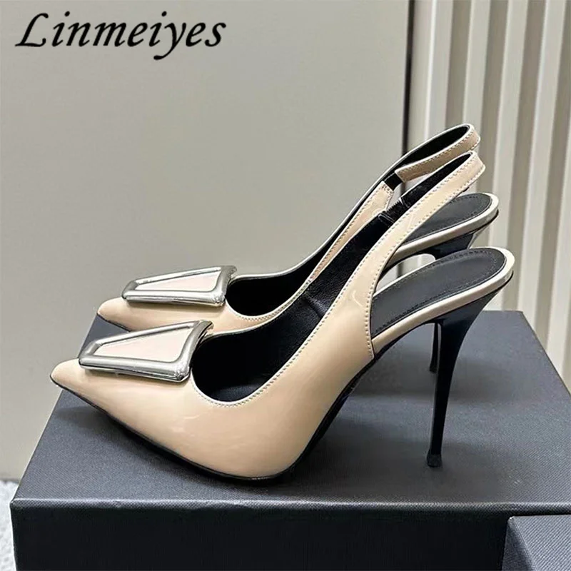 

Sexy High Heels Women Pumps Pointed Toe Slingback Shallow Metal Buckle Dress Party Shoes Patent Leather Stiletto Sandals Woman