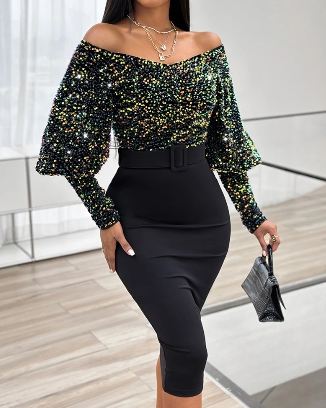 Women's Dress Autumn Winter New Mid Length Dress Elegant Off Shoulder Contrast Sequin Party Dress Long Sleeved Hip Wrap Dress
Women's Dress Autumn Winter New Mid Length Dress Elegant Off Shoulder Contrast Sequin Party Dress Long Sleeved Hip Wrap Dress