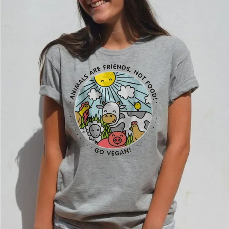 

2024 Summer Animals Are Friends Not Food T-shirt Go Vegan Vintage Vegan Shirt Vegetarian Natural Cute Tops T-shirt Cotton