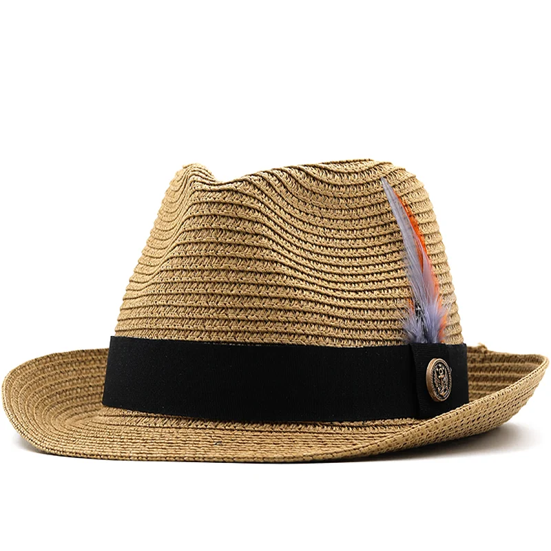 

Летний наряд для родителей и ребенка пляжная шляпа для женщин женская шляпа Повседневное Панама джазовая, шляпа Для мужчин, бренд, маленький джентльмен: 5,5 см полями перо браслет соломенная шляпа Кепка от солнца для мальчиков
