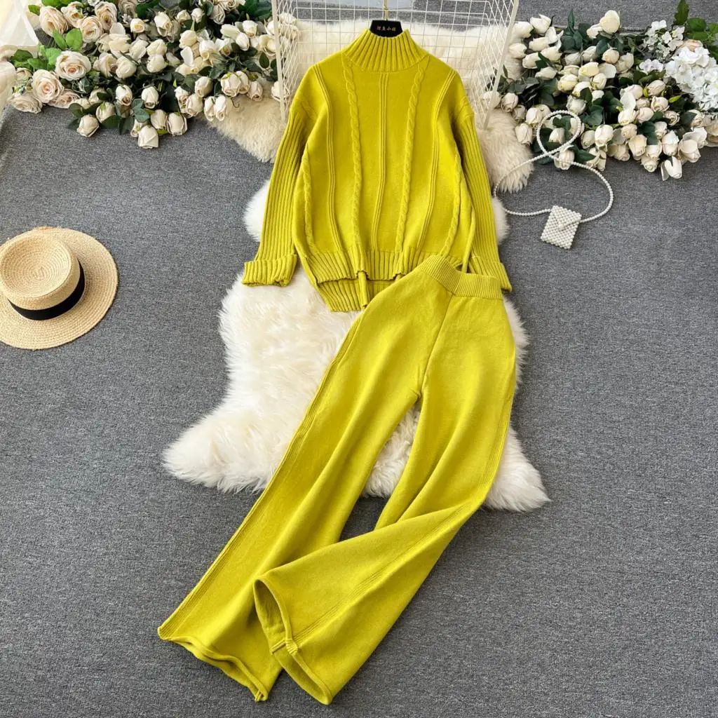 

Autumn Winter Elegant Casual Women Knitted Pantsuit Turtleneck Sweater Blouses Tops and Pants Two Pieces Female Solid Tracksuit