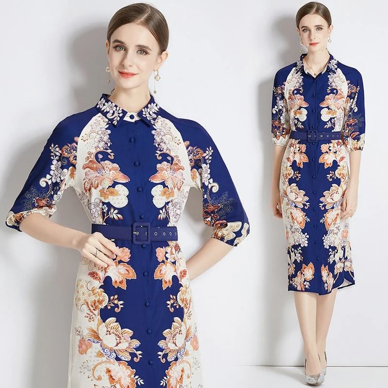Autumn New Three Quarters Sleeve Midi Dresses For Yong Lady Feminino Single Breasted Graceful Floral Chiffon Vestidos With Belt
Autumn New Three Quarters Sleeve Midi Dresses For Yong Lady Feminino Single Breasted Graceful Floral Chiffon Vestidos With Belt