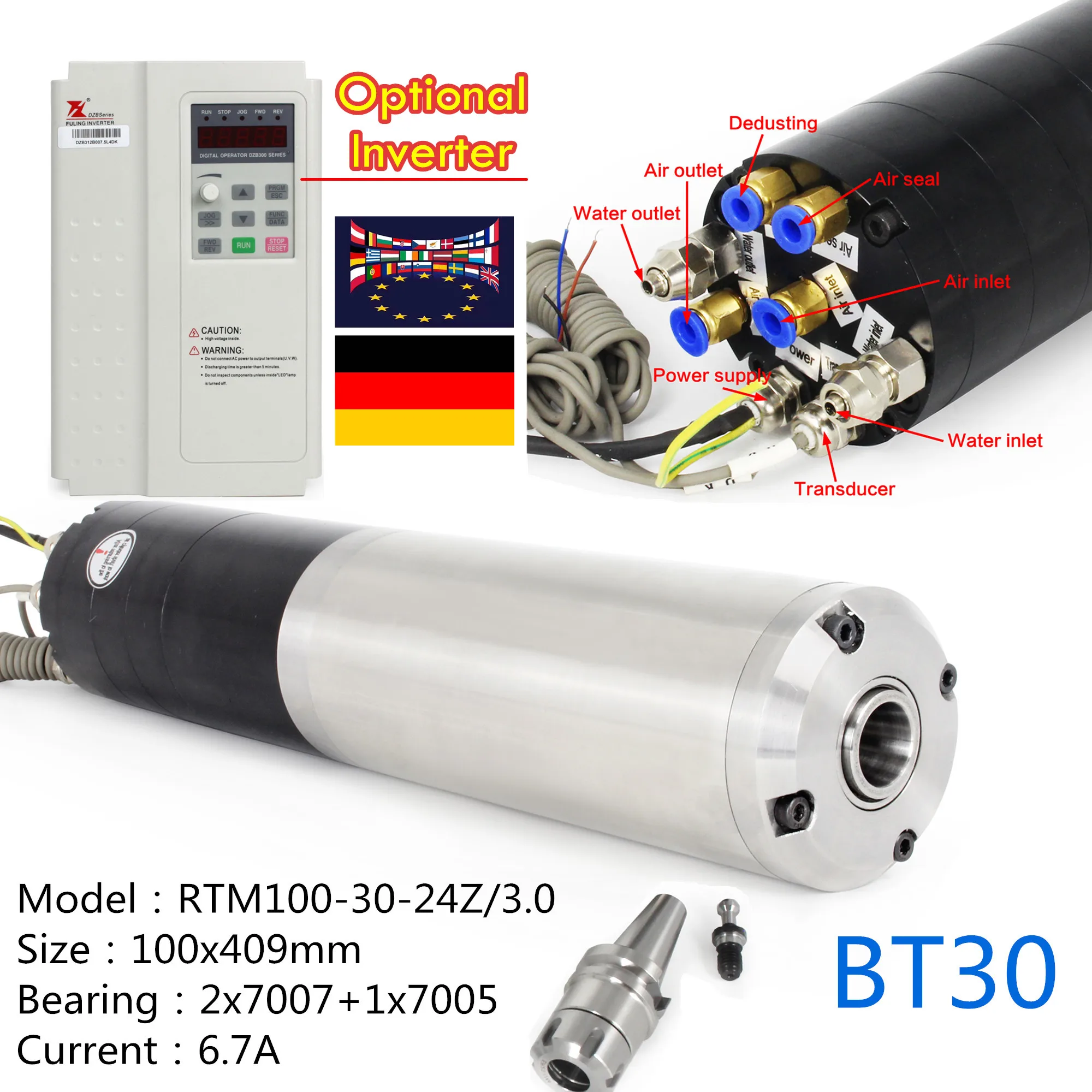『In EU』CNC Router Milling Kit Water cooled ATC Spindle BT30 3KW 220V / 380V + 3.7KW SUNFAR / Fuling Inverter VFD
『In EU』CNC Router Milling Kit Water cooled ATC Spindle BT30 3KW 220V / 380V + 3.7KW SUNFAR / Fuling Inverter VFD