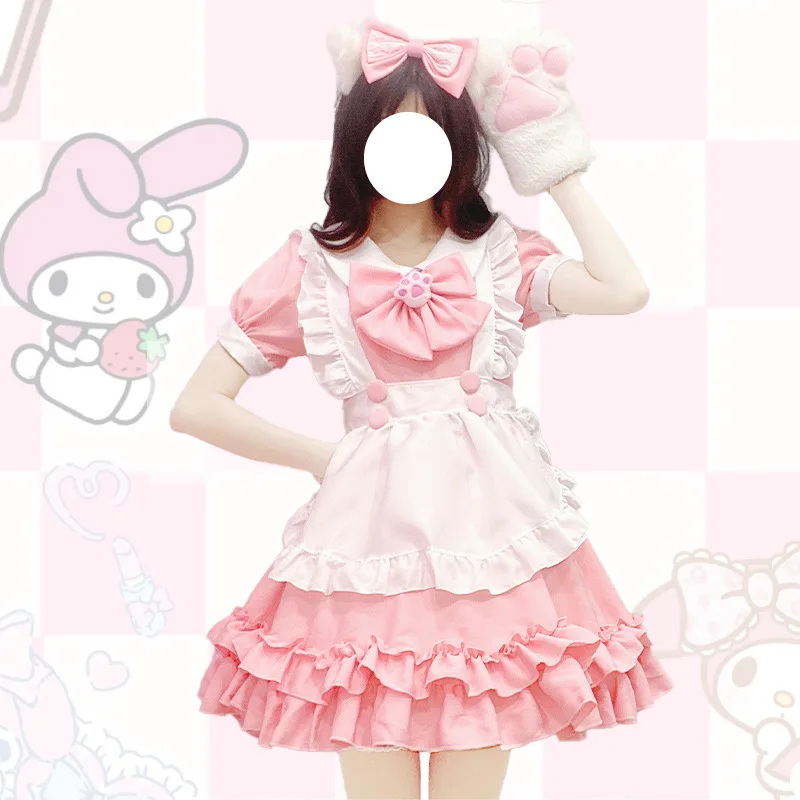 

Student Lolita Cosplay Costumes Kawaii Cat Paw Pink Bow Apron Maid Outfits Lace Ruffles Princess Party Dress Japanese Clothing