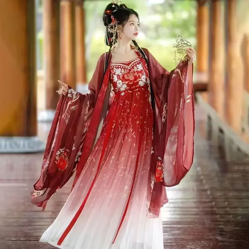 

Китайское платье ханьфу, Женский традиционный винтажный костюм ханьфу для косплея на Хэллоуин, летнее танцевальное платье ханьфу с градиентом, красные наборы из 3 предметов