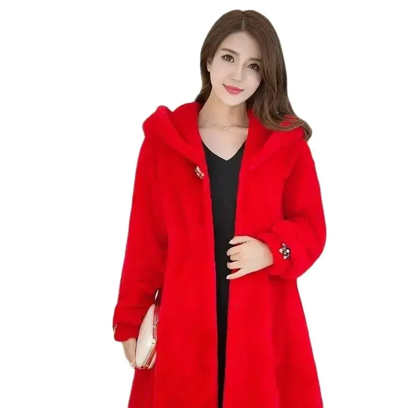 

Women's Mink Fur Coat Mother Long Autumn Winter New Overcoat Add Velvet Padded Outwear Hooded Imitation Fur Jacket Ladies Blouse