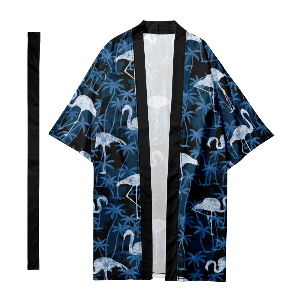 

Men's Japanese Traditional Hawaiian Flamingo Stripes Long Kimono Cardigan Samurai Bathrobes Kimono Shirt Yukata Jacket 4