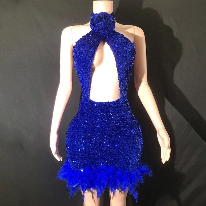 Синее сексуальное платье-футляр с блестками и перьями, с открытой спиной и лямкой на шее, вечерний костюм для выступления, для ночного клуба, певицы, танцор, сцены 
Синее сексуальное платье-футляр с блестками и перьями, с открытой спиной и лямкой на шее, вечерний костюм для выступления, для ночного клуба, певицы, танцор, сцены