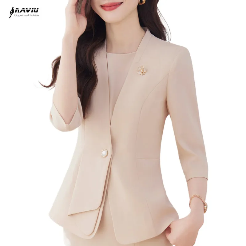

NAVIU Apricot Blazer Women 2024 New Spring Summer Casual Formal Half Sleeve Slim Jacket Office Ladies Work Coat Tops Black Pink