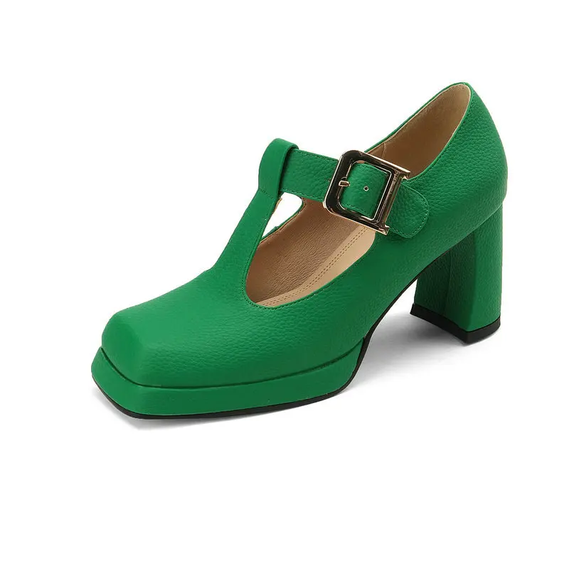 

Green Square Closed Toe T-strap Big Buckle Fashion Ladies Dress Pumps Small Size 33 Platform Block High Heels Mary Janes Heels