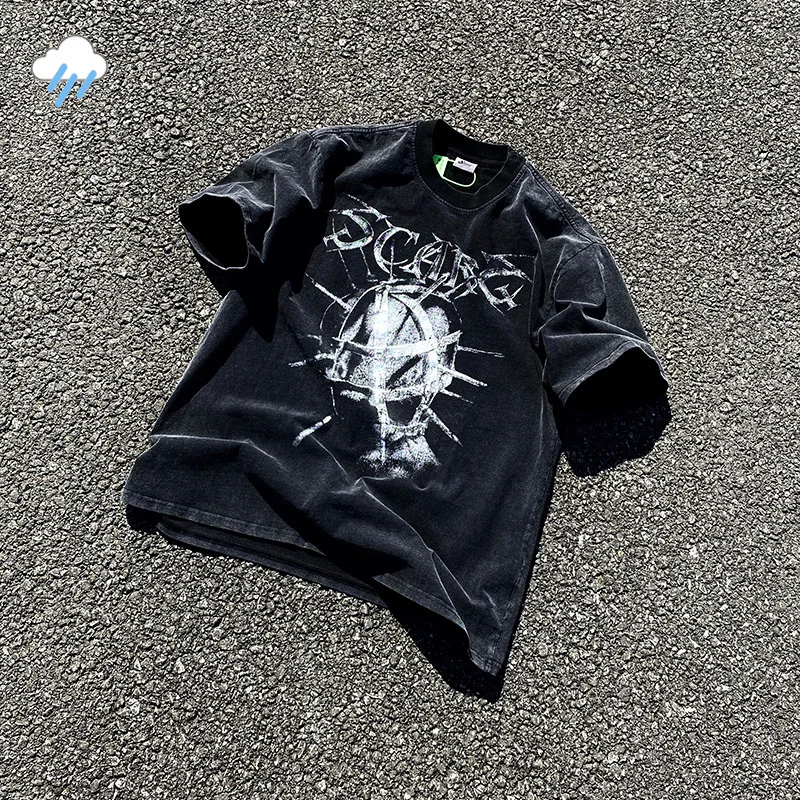 

Тяжелая хлопковая уличная одежда, винтажная черная футболка с эффектом потертости в стиле Св. Майкла, футболка лучшего качества для мужчин и женщин
