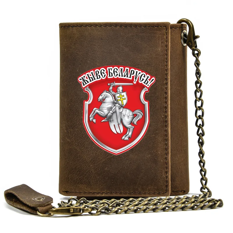

High Quality Men Genuine Leather Wallet Anti Theft Hasp With Iron Chain Knights of Belarus Cover Card Holder Rfid Short Purse