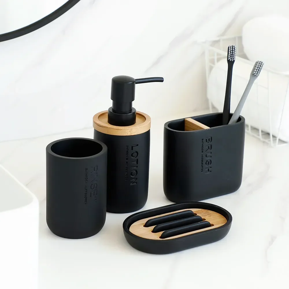 

Wood Dispenser White Or Dish Holder Black Bottle Accessories Lotion Cup Soap Bathroom Tumbler Pump Toothbrush