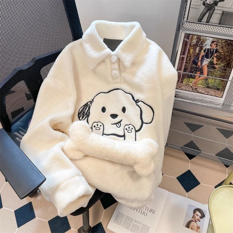 

EBAIHUI Cute Little Dog Print Lamb Fur Jacket Plush Thickened Women's Top Autumn Winter Gentle Style Polo Collar Coat