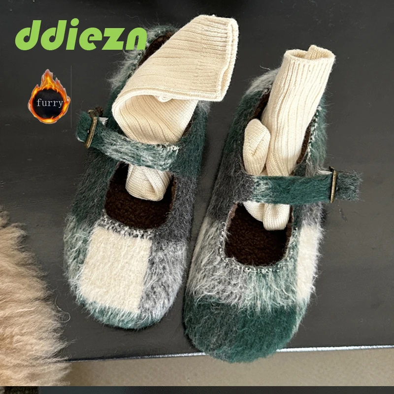 

Fur Ballet Flats For Female Round Toe Women Mary Janes Fashion Mixed Colors Footwear Elegant Shallow Ladies Flats Shoes