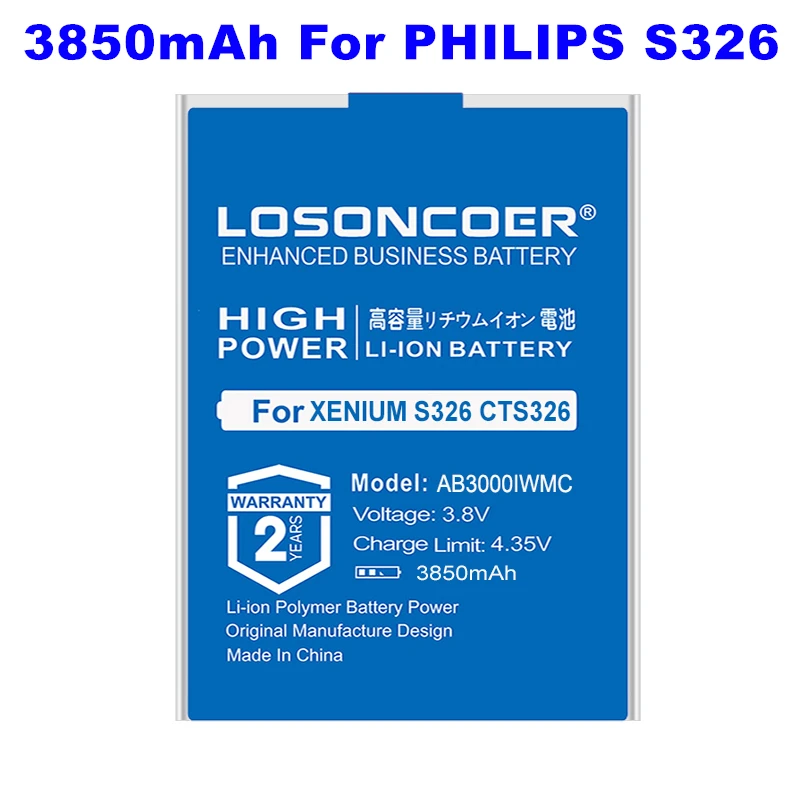 LOSONCOER AB3000IWMC 3850mAh Mobile Phone Batteries For Philips XENIUM S326 CTS326 High Capacity Battery~In Stock
LOSONCOER AB3000IWMC 3850mAh Mobile Phone Batteries For Philips XENIUM S326 CTS326 High Capacity Battery~In Stock