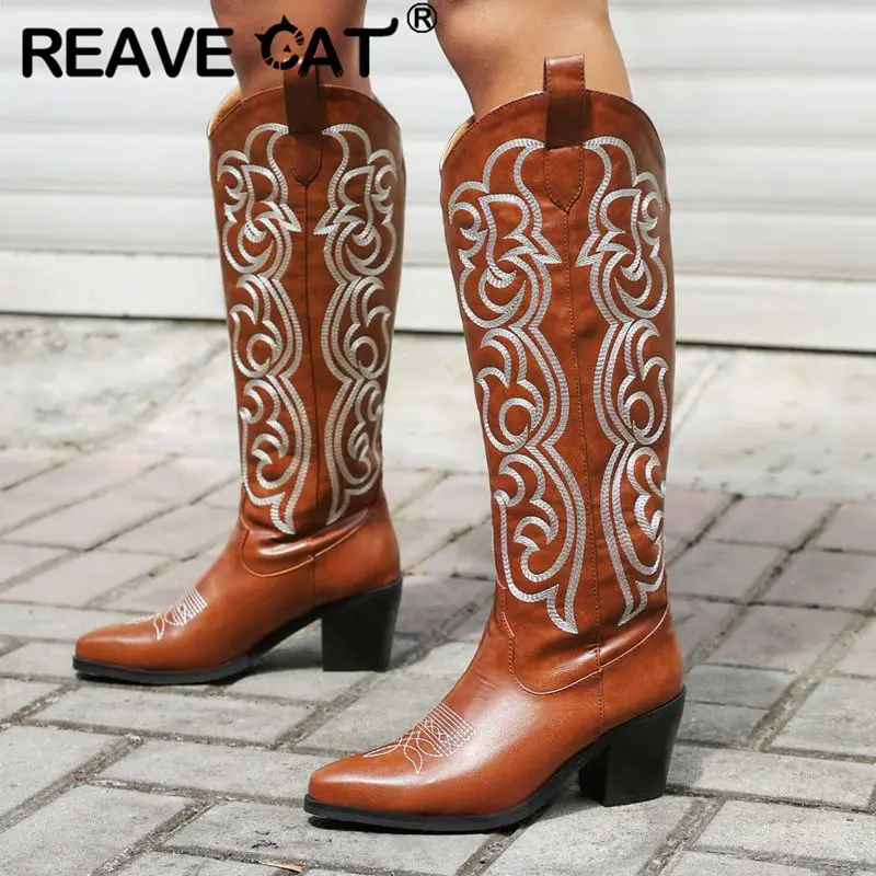

REAVE CAT Female Western Boots Square Toe Block Heel 7cm Slip On Embroider Big Size 42 43 Casual Daily Autumn Women Long Booties