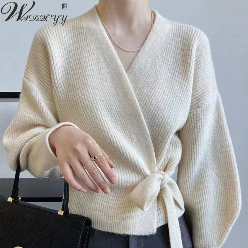 

Autumn Winter Knitted Cardigans Women Korean V-Neck Lace Up Bottoming Sweater Coat 2023 Vintage V-Neck Knitwear Design Jacket