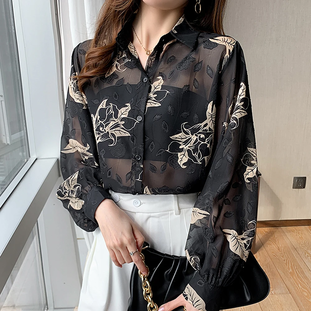 

Пикантные тонкие прозрачные шифоновые рубашки с длинным рукавом, шикарные винтажные корейские модные уличные блузки, свободные женские топы