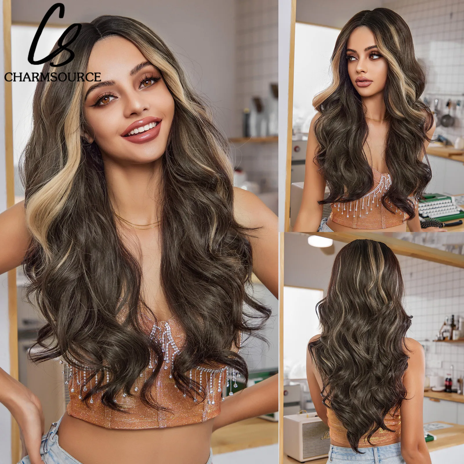 CharmSource Hairline Lace Front Wigs Dark Brown Wig Highlight Golden Synthetic Long Wavy Wigs Women's Cosplay High Density
CharmSource Hairline Lace Front Wigs Dark Brown Wig Highlight Golden Synthetic Long Wavy Wigs Women's Cosplay High Density