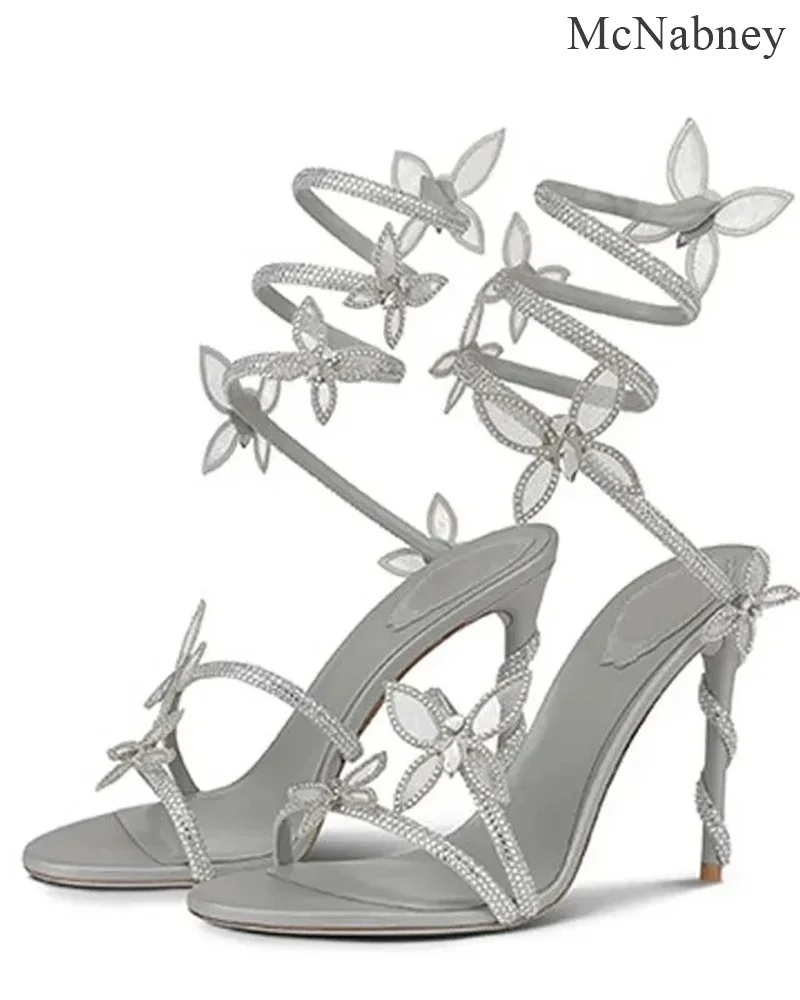 

Женские Серебристые сандалии со стразами, туфли на высоком каблуке-шпильке с трехмерной бабочкой и ремешком, 2024