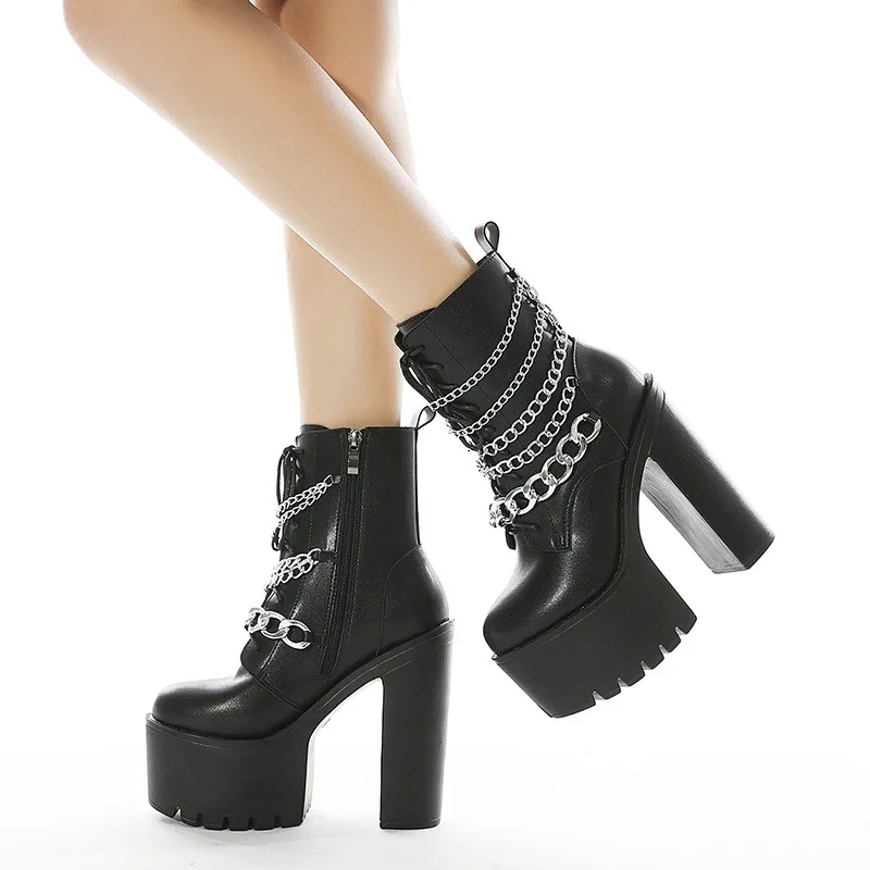 Punk Style Sexy Nightclub Super High Heel Women's Boots British Style Medium Boots Metal Chain Lace Up Zipper Motorcycle Boots
Punk Style Sexy Nightclub Super High Heel Women's Boots British Style Medium Boots Metal Chain Lace Up Zipper Motorcycle Boots
