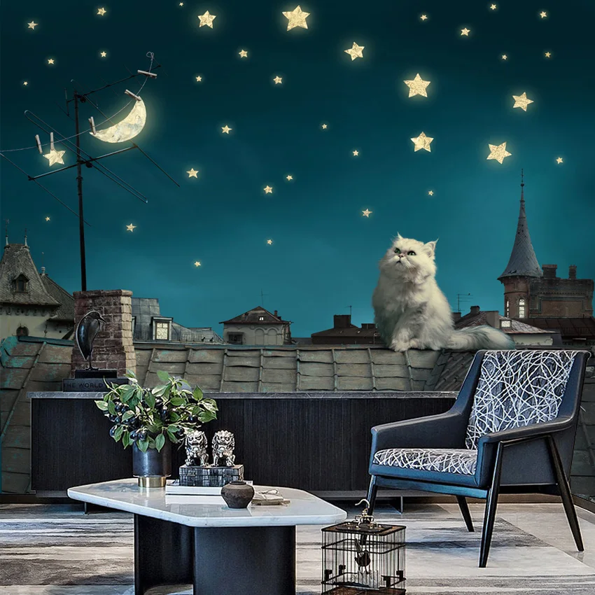 

Cartoon Custom Self Adhesive Accept Wallpapers for Living Room Kids Murals Wall Papers Home Decor Cat Night Stars Animal Mural